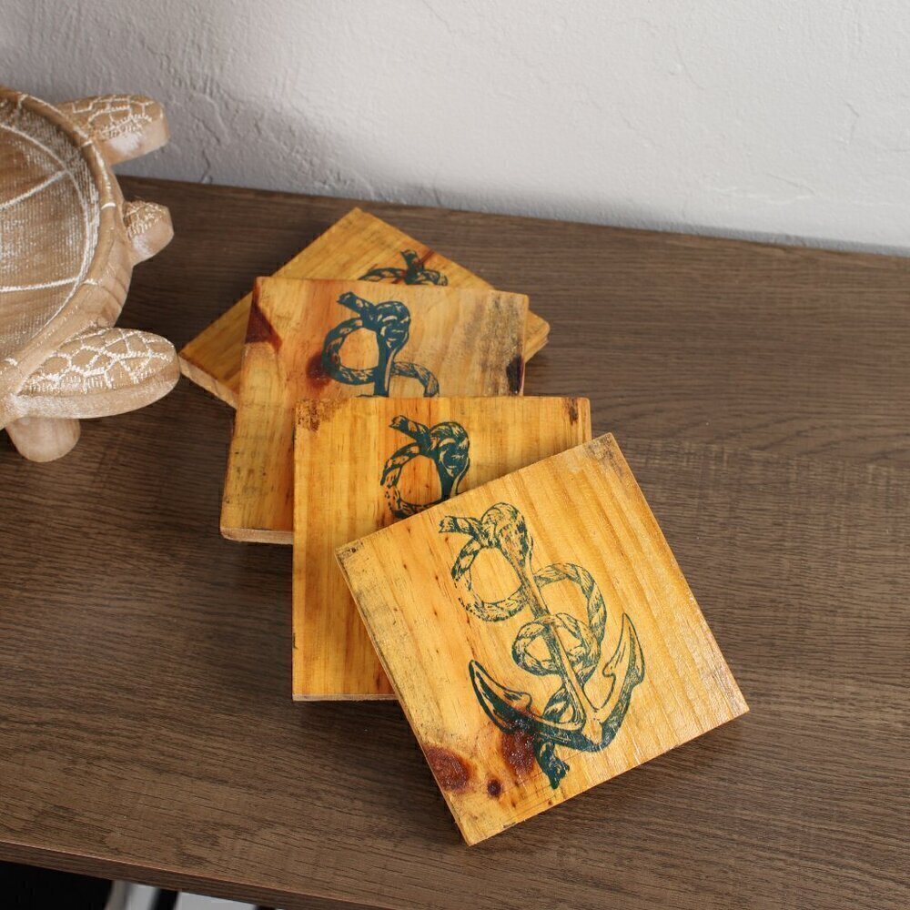 Handmade Wooden Anchor Coasters (Set of 4) Nautical Beach Decor Gift